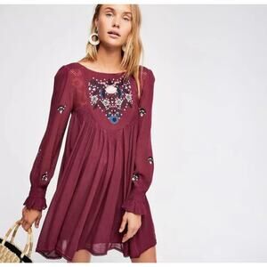 Free People Embroidered Lace Trim Flowy Midi Dress Womens Medium Burgundy Boho